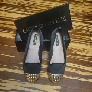 Gold Luxe Chapeau Black Studded Cap Toe Flats Size 10